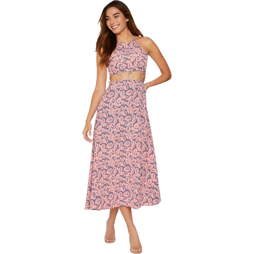 LIKELY Christina Midi‎ Dress Floral Halter Cutout O-Ring Pink Slate Blue Boho 14